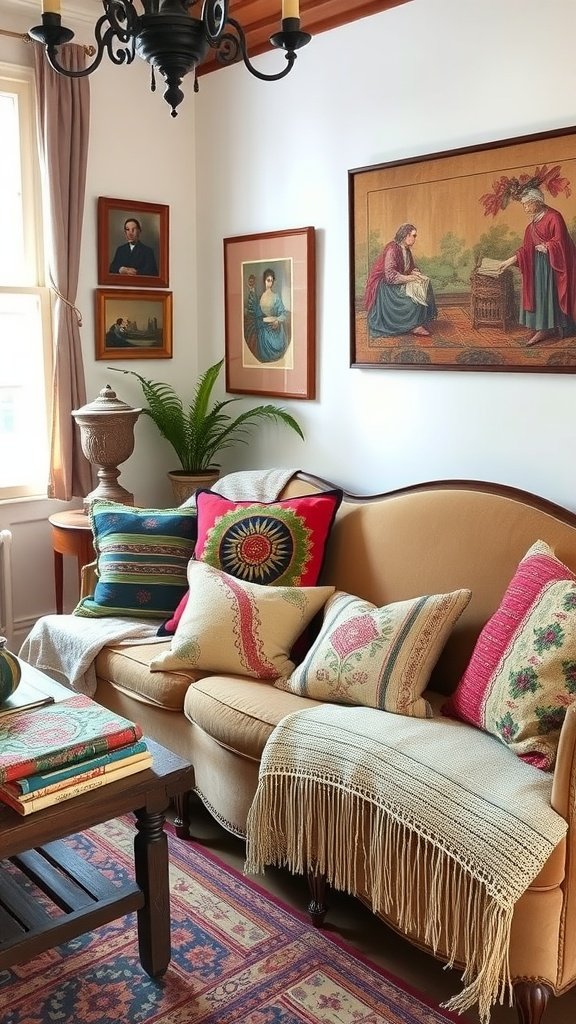 A vintage living room featuring a sofa with colorful antique throw pillows and a fringed textile.