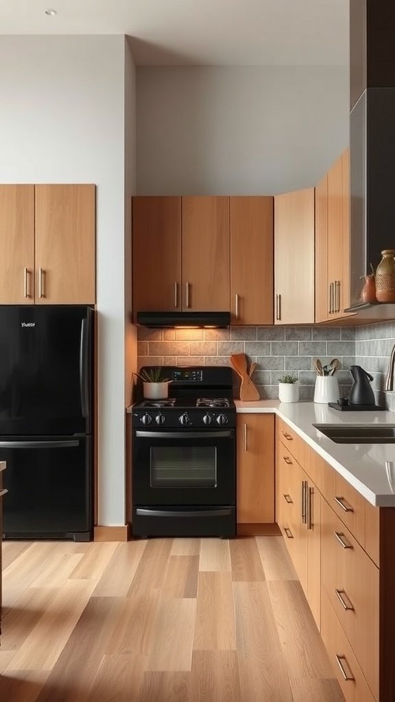 A modern kitchen featuring black appliances and light wood cabinets.