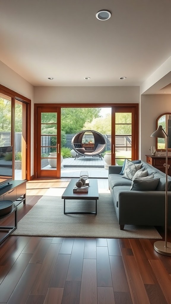 A cozy living room with large windows opening to an outdoor space, blending indoor and outdoor elements.