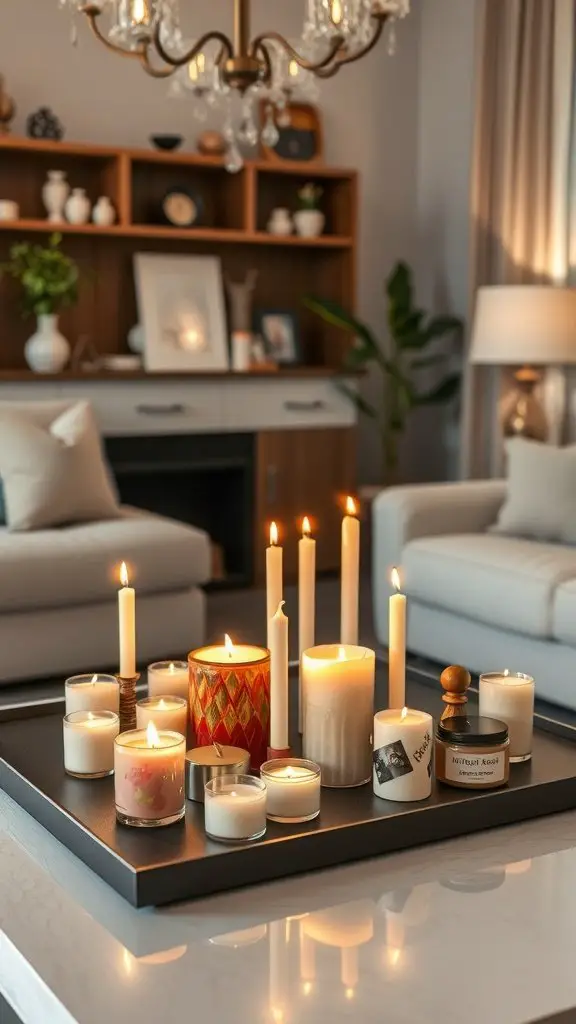 A cozy living room setting featuring a beautiful arrangement of various candles on a tray.