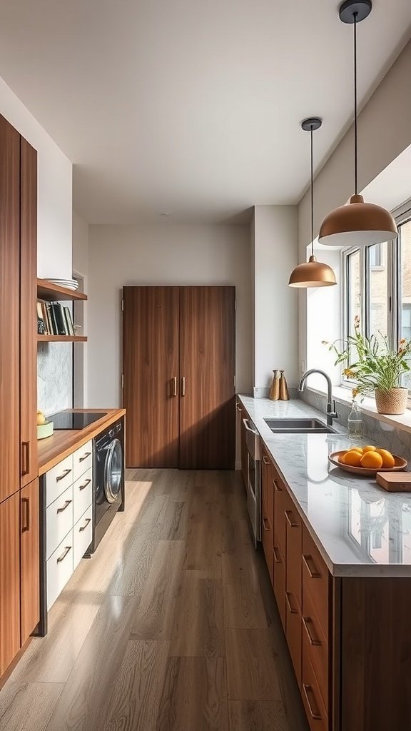 A modern kitchen with brown cabinetry and a marble countertop, featuring warm lighting