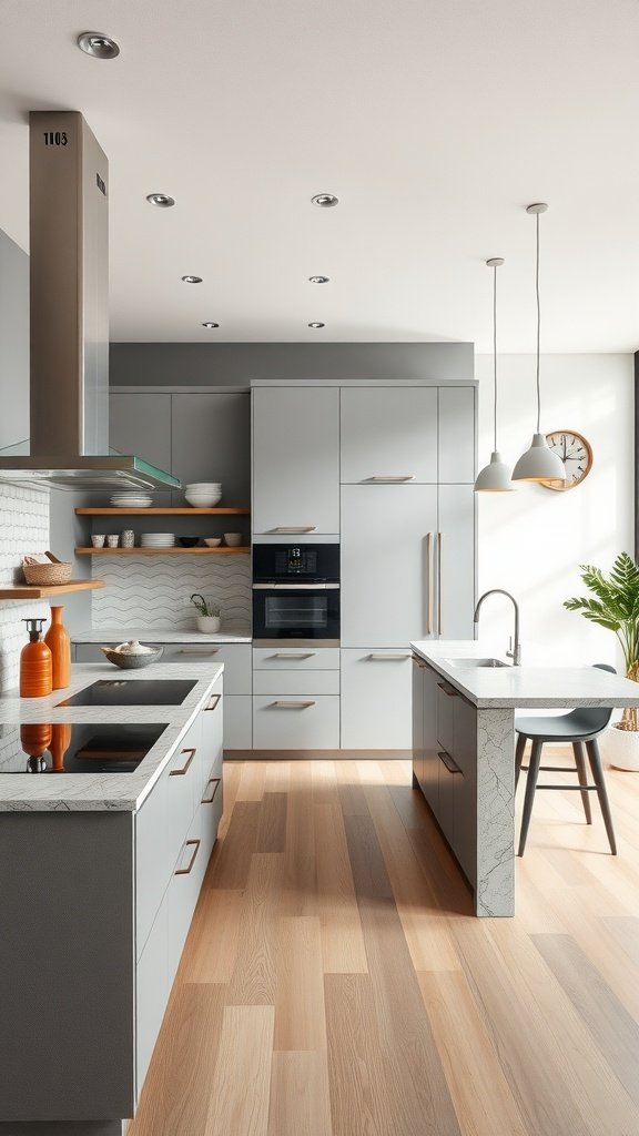 Modern kitchen with gray cabinets, stone countertops, and light wooden flooring.