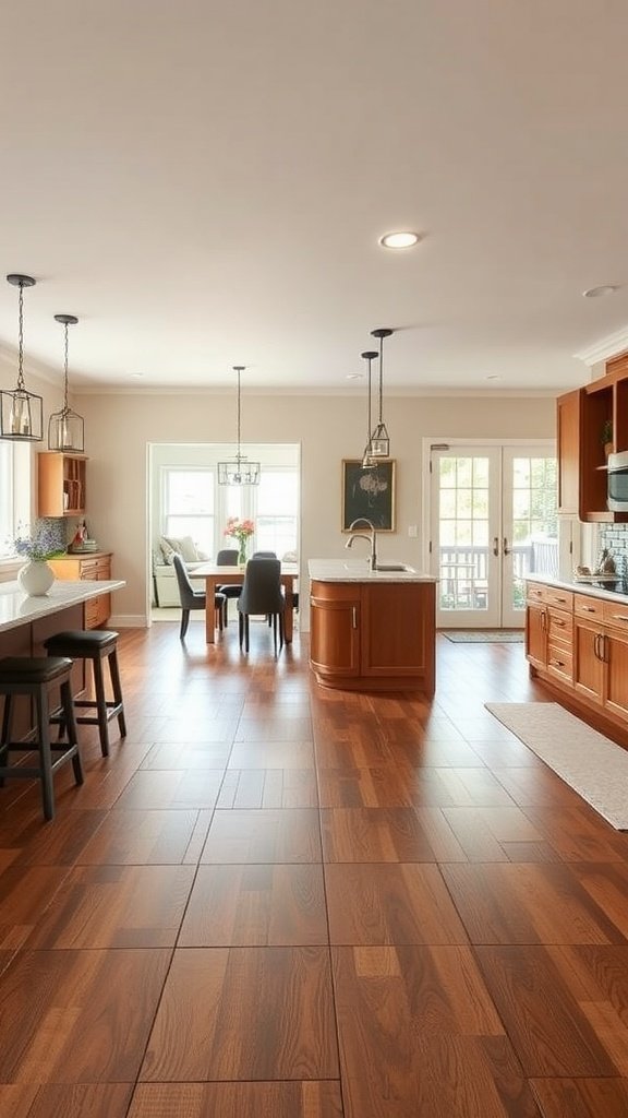 A modern kitchen showcasing an open layout with wooden flooring.