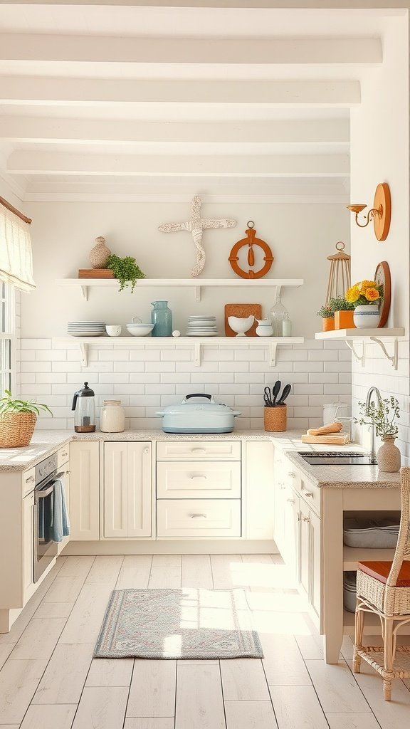 A light and airy coastal kitchen design with open shelving and natural elements.