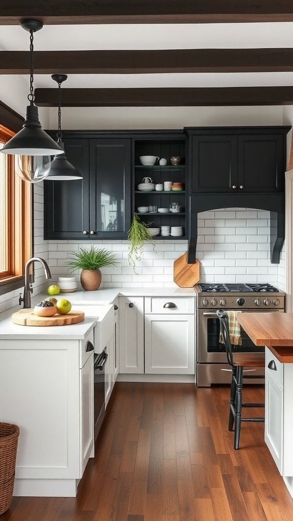 A cozy black and white farmhouse style kitchen with dark cabinets and light countertops.