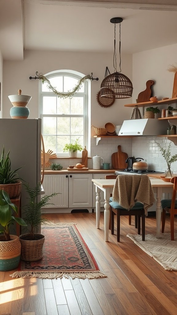 Cozy kitchen with textiles including a rug and throws