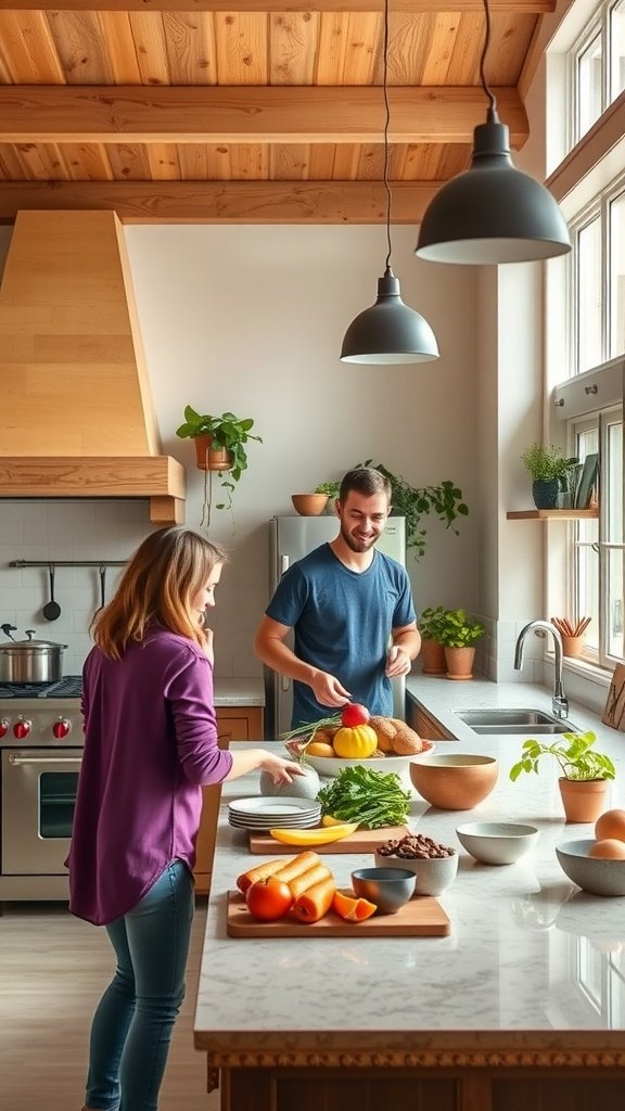 A bright, open kitchen with a couple preparing food together, showcasing a family-friendly atmosphere.