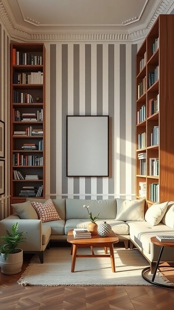 Cozy small living room with vertical striped walls and tall bookshelves.