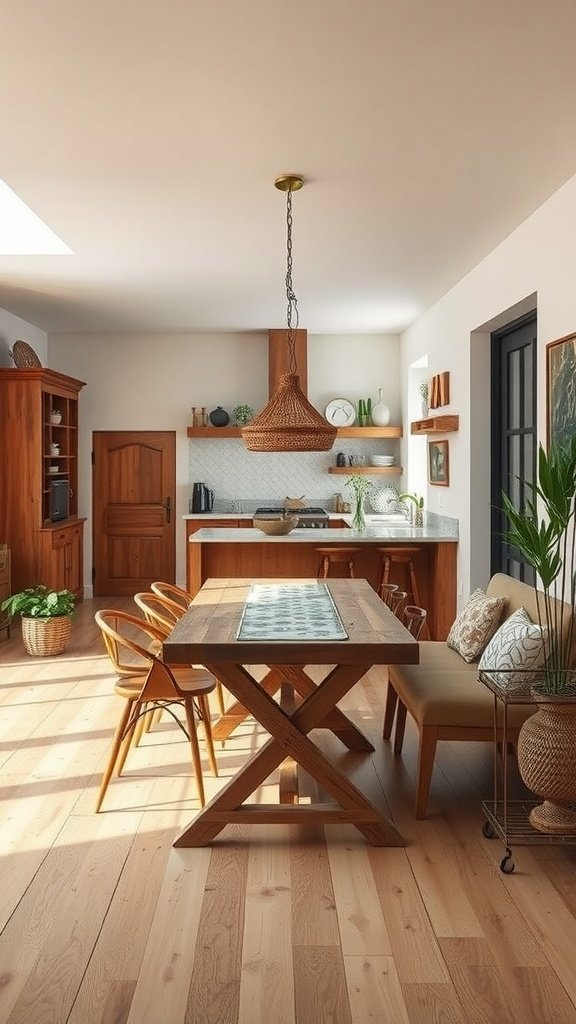 Cozy dining area in an open kitchen with wooden table and comfortable seating.