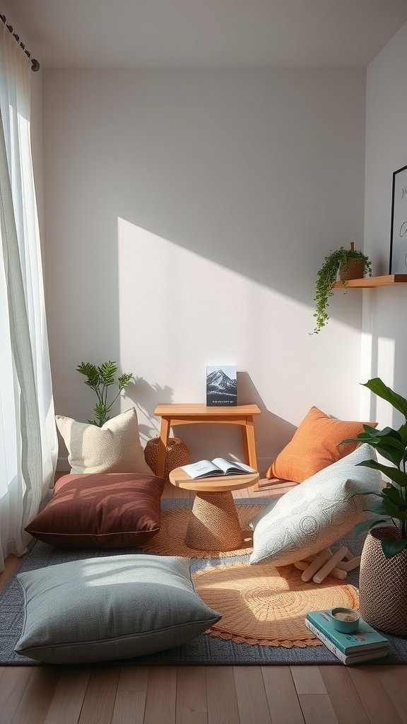 A cozy living room corner with floor cushions, a small table, and plants.