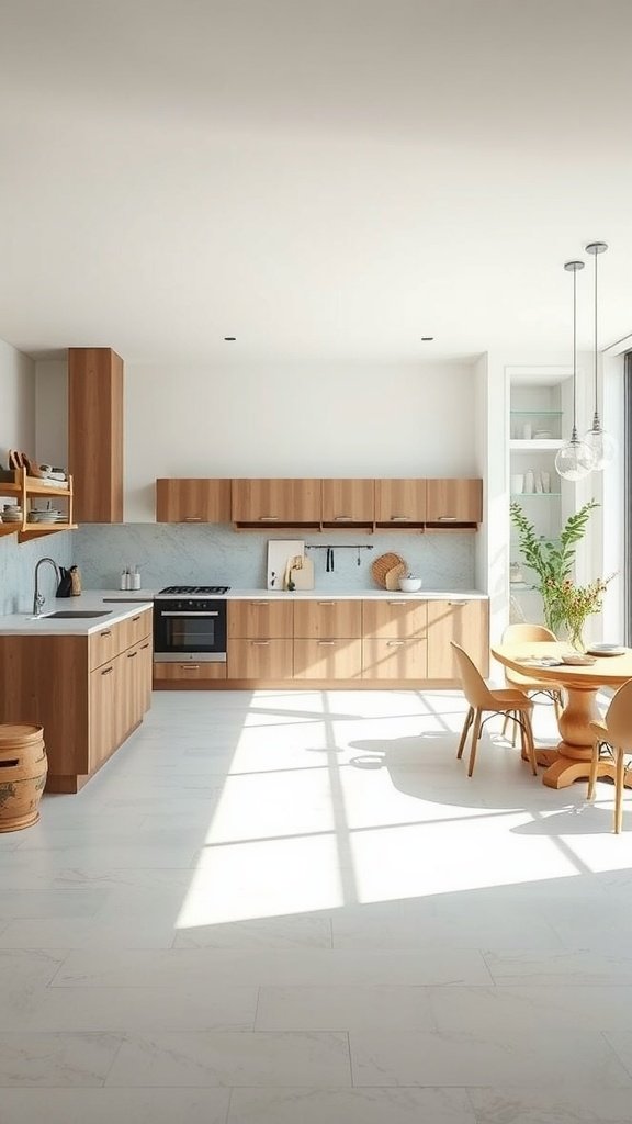 A modern open layout kitchen featuring wood cabinetry and a dining area.