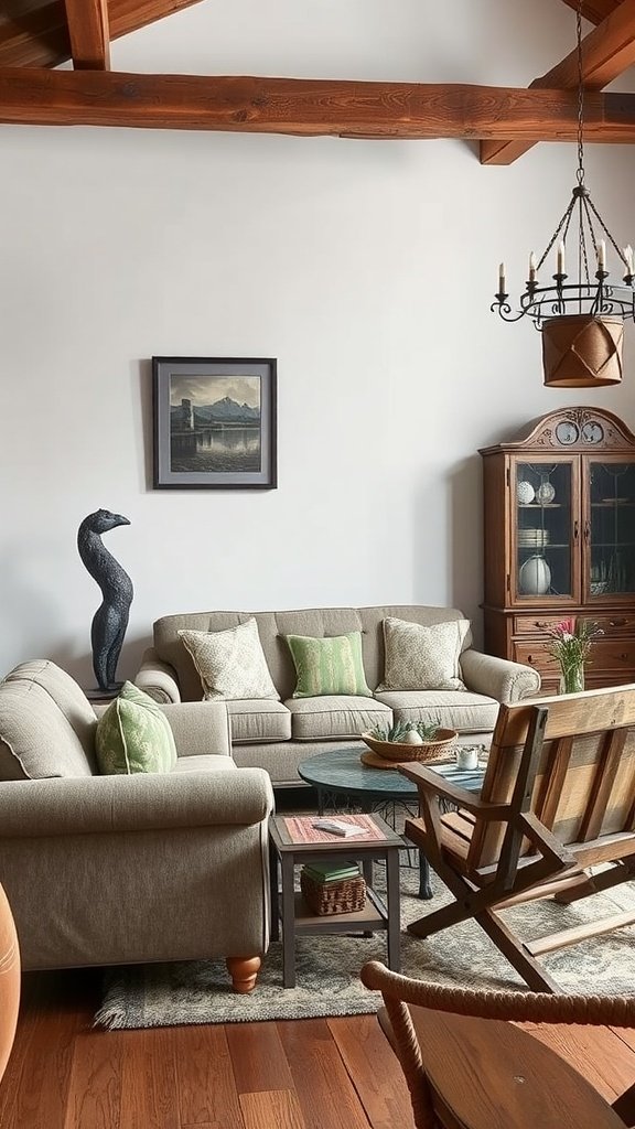 Cozy living room featuring distressed furniture with a warm atmosphere.