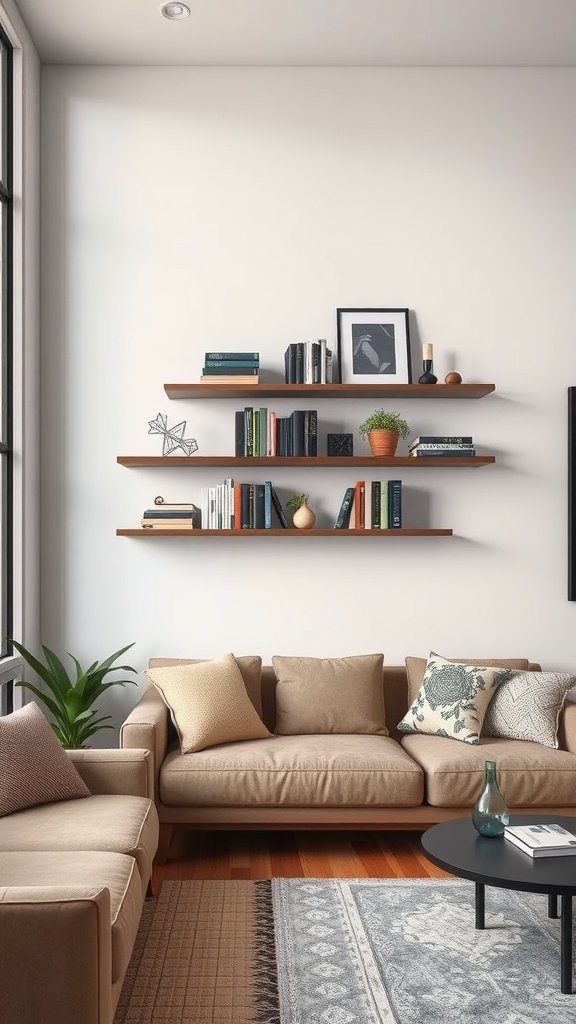 Living room with floating shelves displaying books and decorative items.