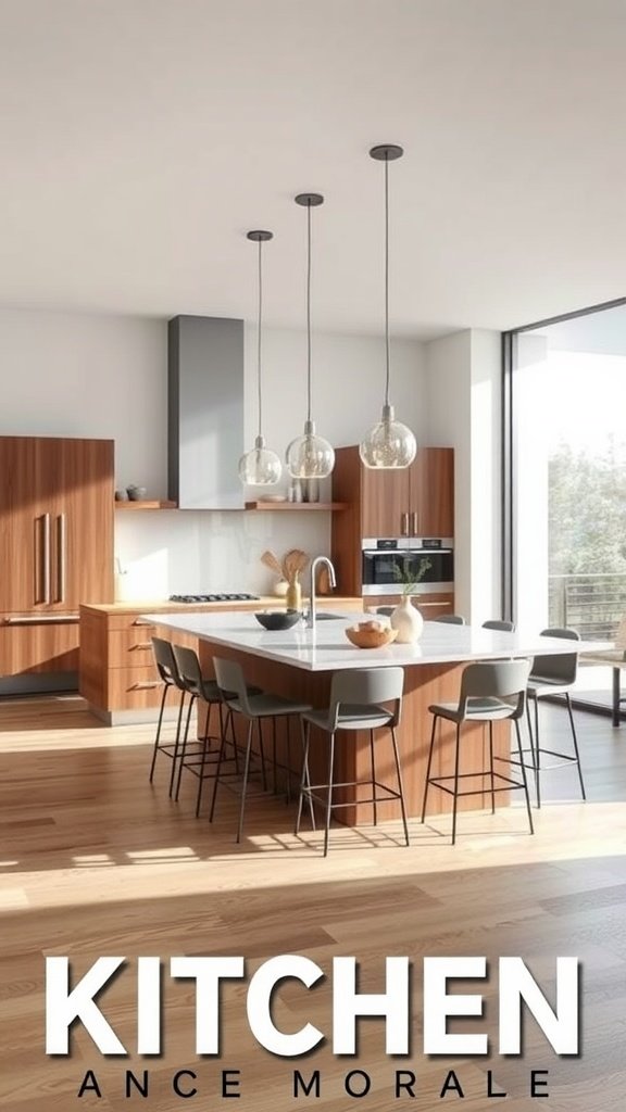 A modern kitchen featuring a large island with seating and stylish lighting.