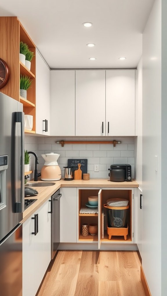 A small modern kitchen featuring light cabinetry, a wooden countertop, and smart storage.