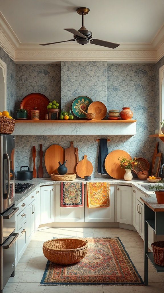 A cozy kitchen featuring cultural decor elements like pottery and textiles.