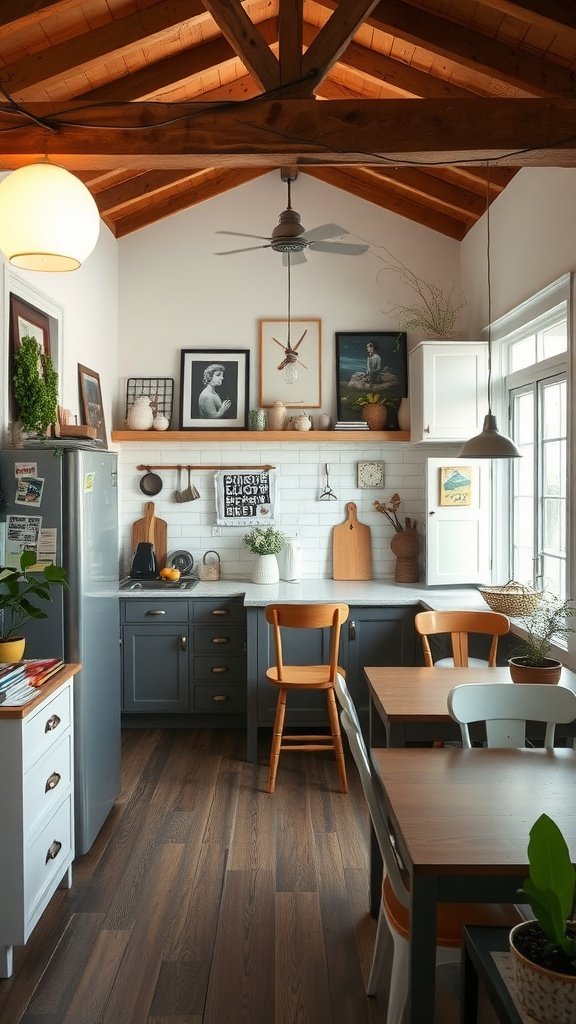 A cozy kitchen with an open layout featuring wooden beams, modern appliances, and personal decor.