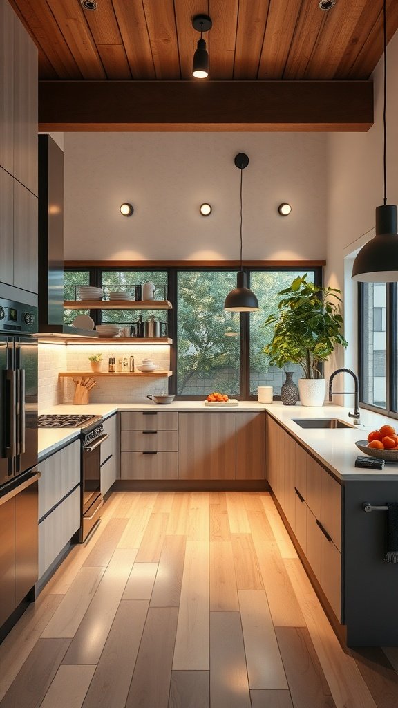 Modern kitchen featuring smart appliances and stylish lighting