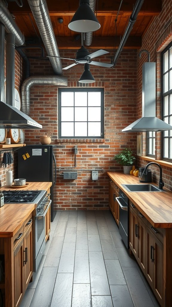 A kitchen showcasing industrial chic design with reclaimed materials, featuring exposed brick walls and wooden countertops.