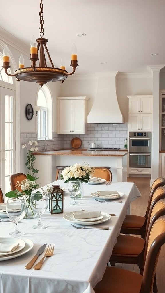 A bright kitchen with an integrated dining area, featuring a beautiful table set for a meal.