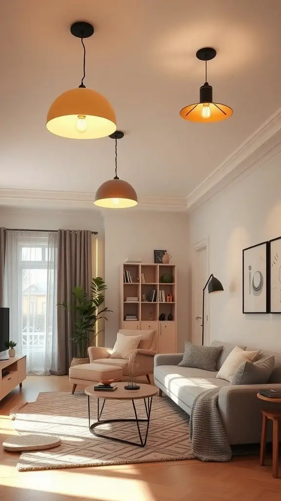Cozy living room with layered lighting from pendant and floor lamps.