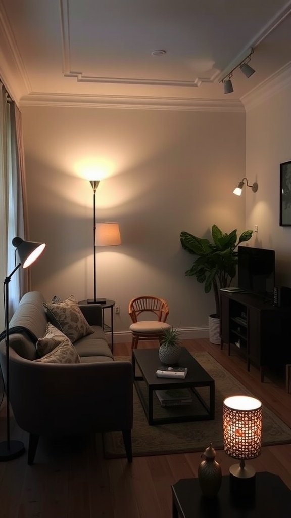 A cozy living room with soft lighting from various lamps, showcasing a small table and plant.