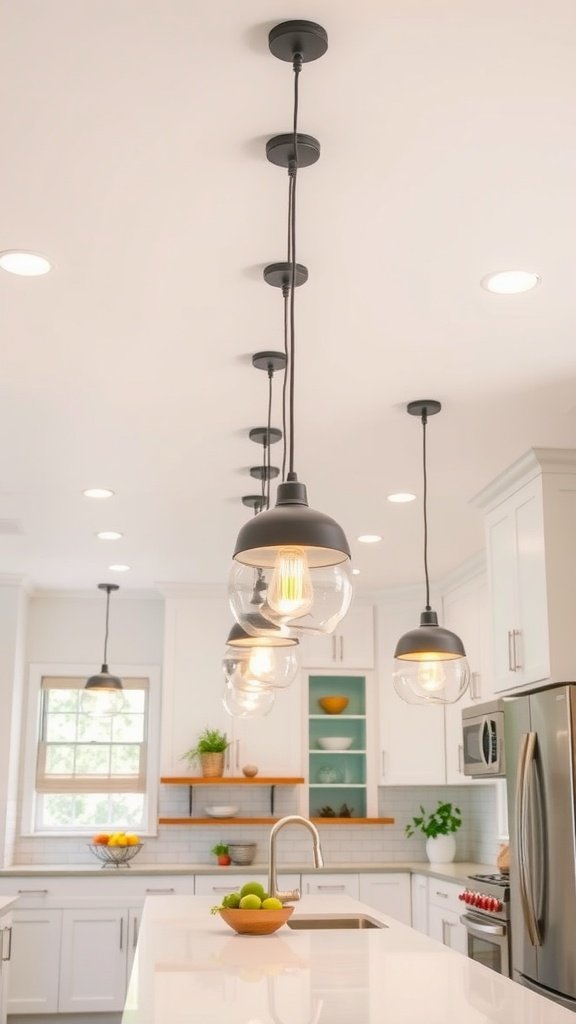 A modern kitchen with pendant lights and recessed lighting, creating a bright and inviting atmosphere.