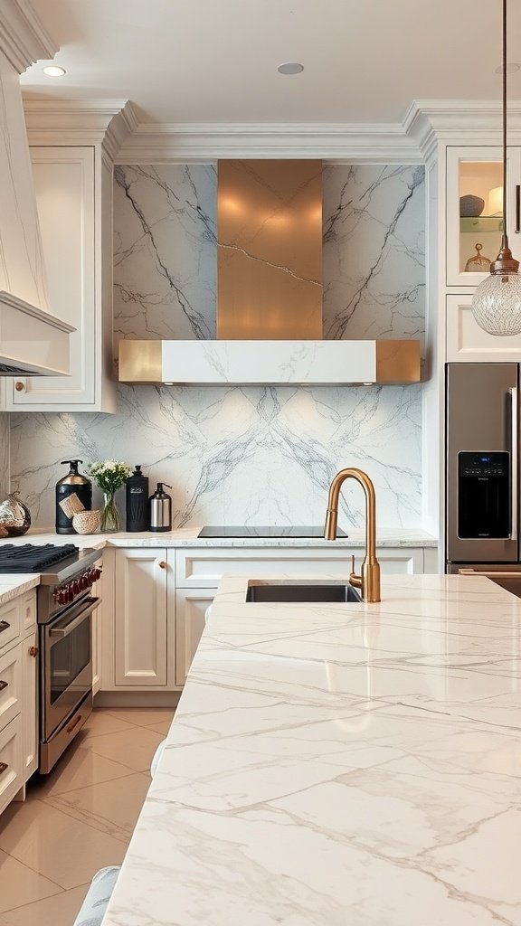 A modern kitchen featuring luxurious marble finishes on countertops and backsplash paired with gold accents.