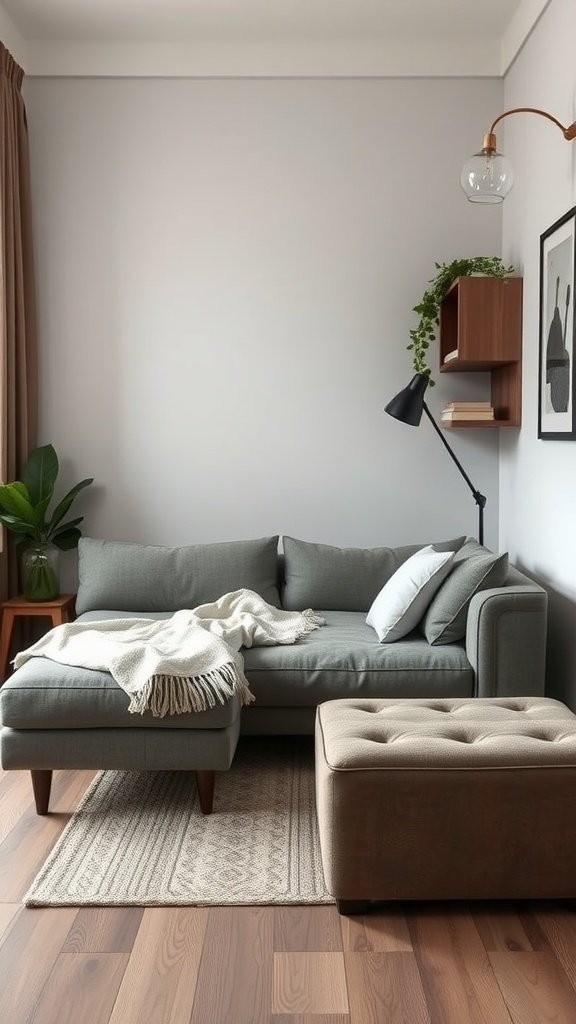 A small living room with a sectional sofa, ottoman, and decorative elements.