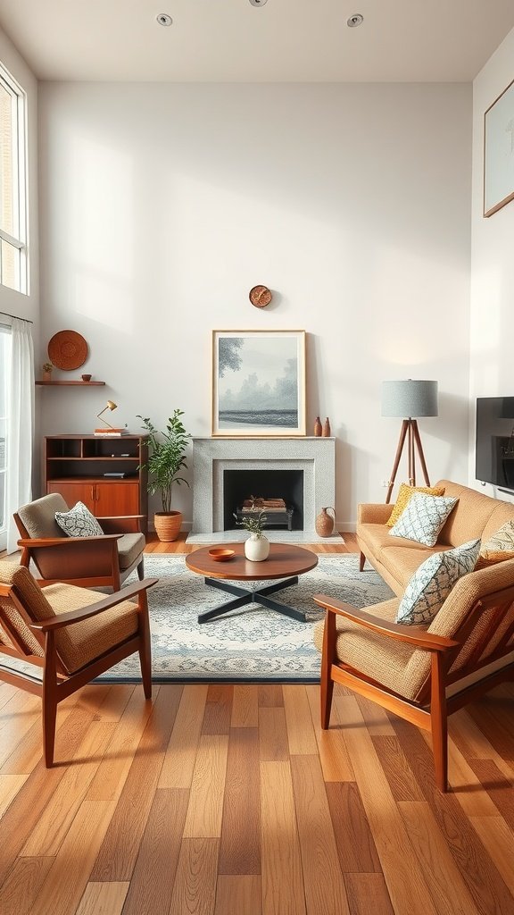 A stylish living room featuring mid-century modern furniture with warm tones and clean lines.