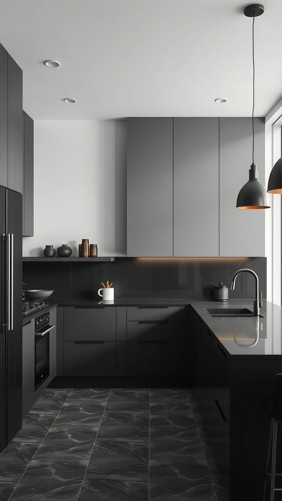 Modern kitchen featuring a black and gray color scheme with sleek cabinets and stylish fixtures.