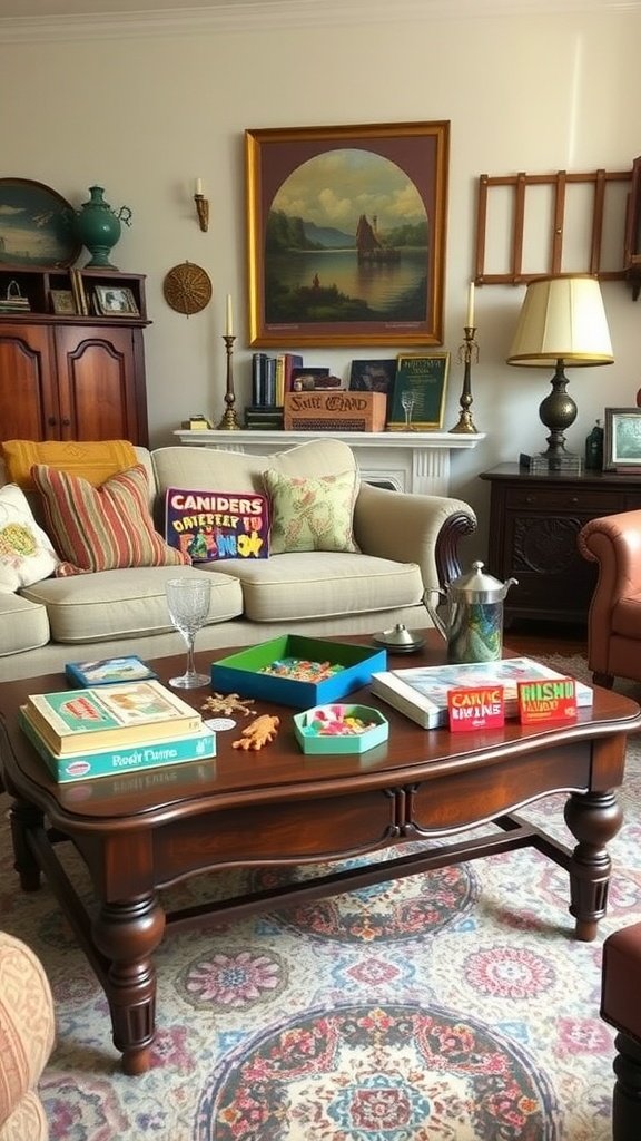 A cozy living room with vintage board games and puzzles on a wooden coffee table.