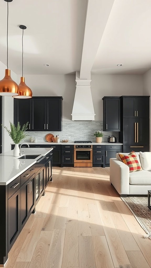 A modern open concept kitchen featuring black cabinets, a white countertop, and wooden flooring.