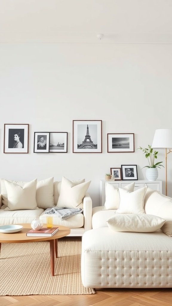 A minimalist living room featuring a light-colored sofa, decorative pillows, a wooden coffee table, and framed black and white photographs on the wall.