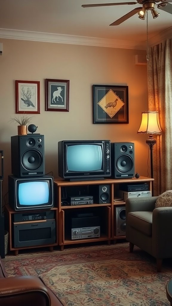 A vintage media setup featuring retro televisions and speakers in a cozy living room