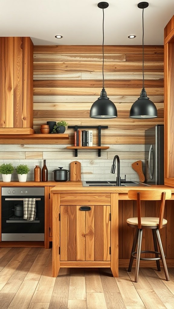 A kitchen featuring wooden cabinets and contemporary lighting, showcasing a mix of rustic and modern design elements.