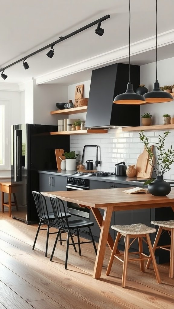 A modern Scandinavian kitchen featuring black cabinets and wooden furniture.