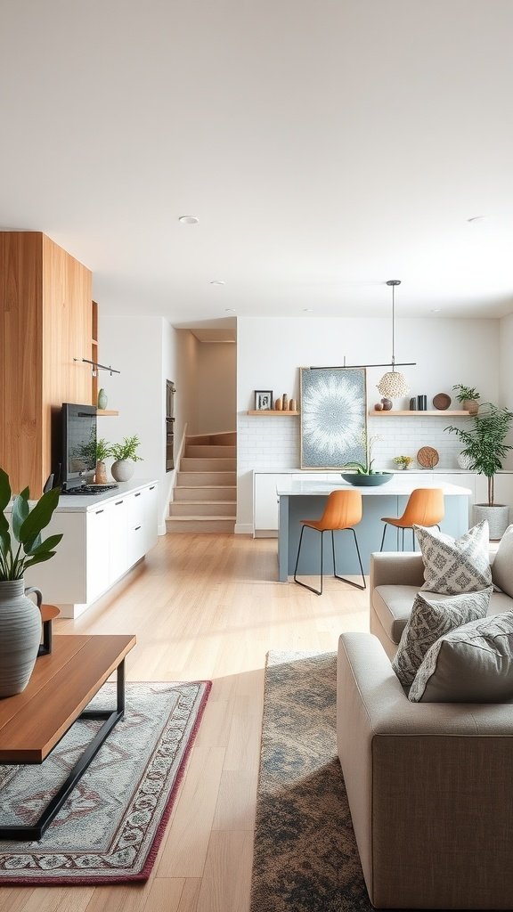 Open layout kitchen with a living space, featuring modern furniture and decor.