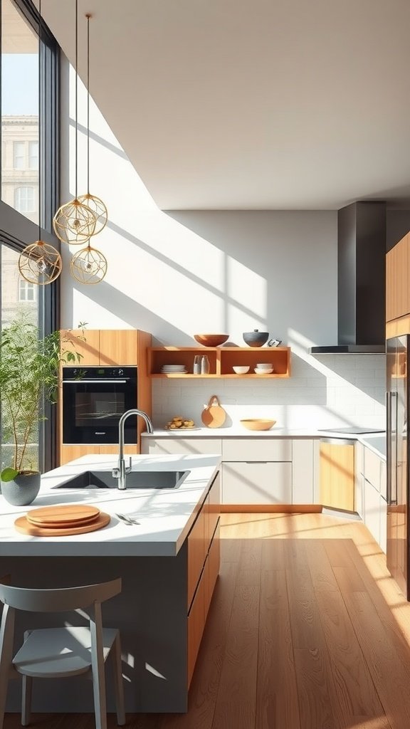 A sleek kitchen with wooden accents, large windows, and natural light.