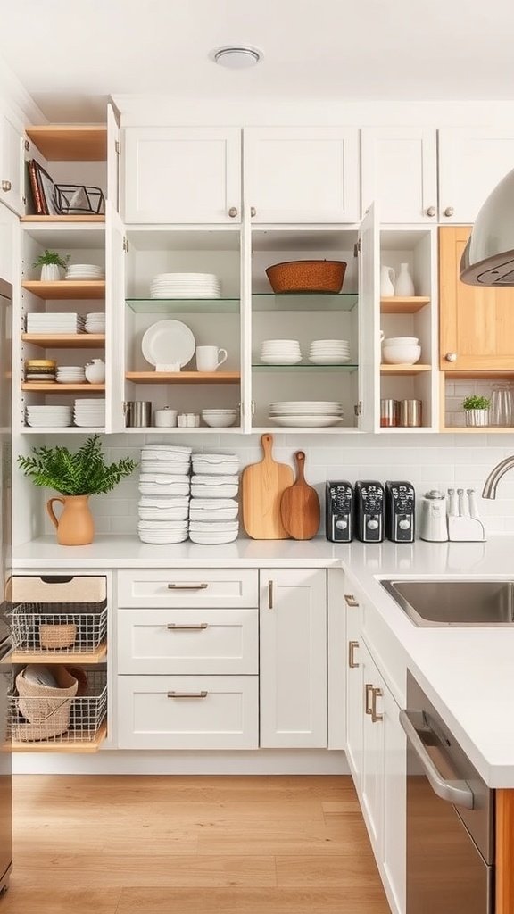 A bright, modern kitchen with open shelves, neatly arranged dishes, and smart storage solutions.