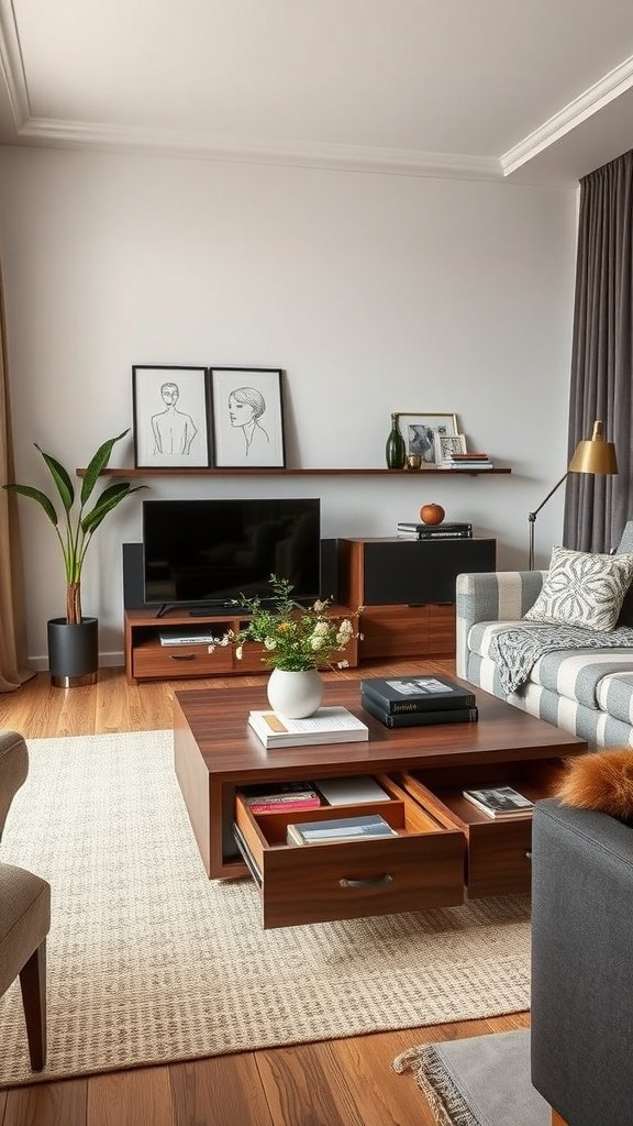 A cozy living room with a coffee table featuring drawers for storage.