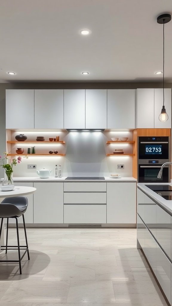 A modern kitchen with sleek cabinetry, stylish lighting, and integrated appliances