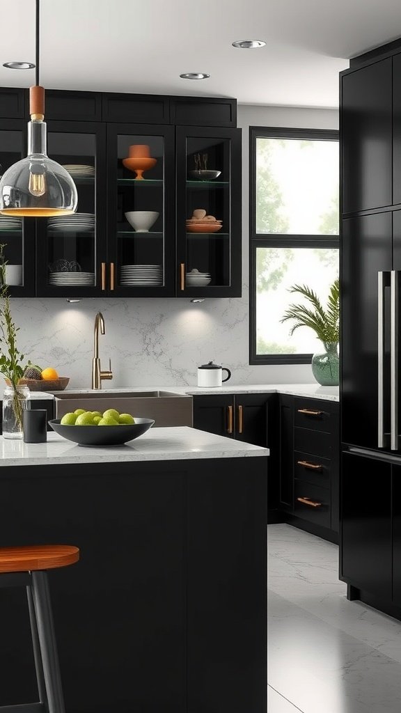 Modern kitchen featuring black cabinets, glass shelves, and elegant lighting.