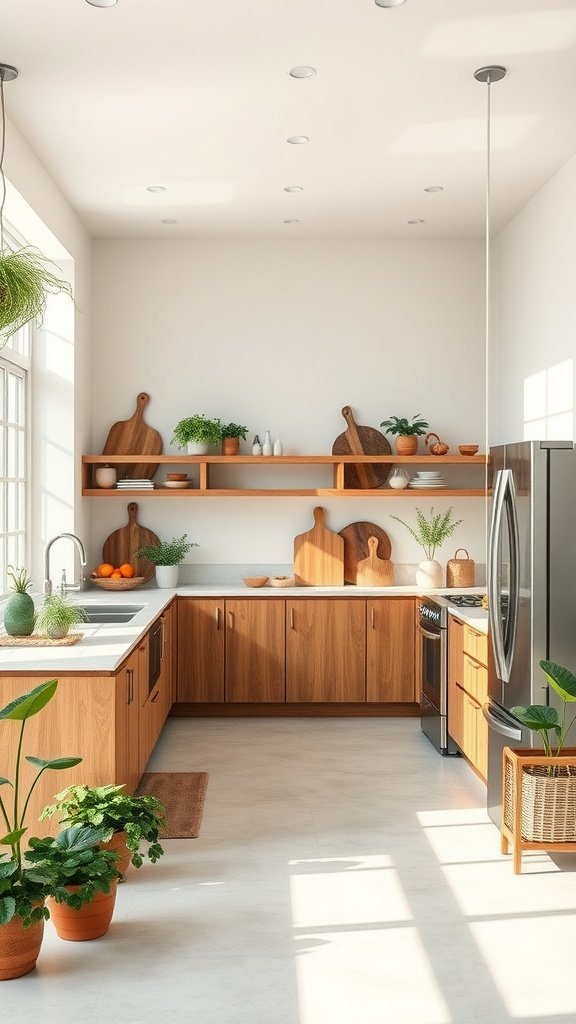 An open kitchen design featuring wooden cabinetry, a modern sink, and various plants for decoration.