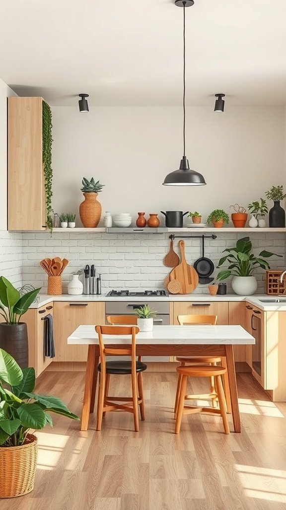 A beautifully designed open kitchen with wooden cabinets, plants, and a modern table.