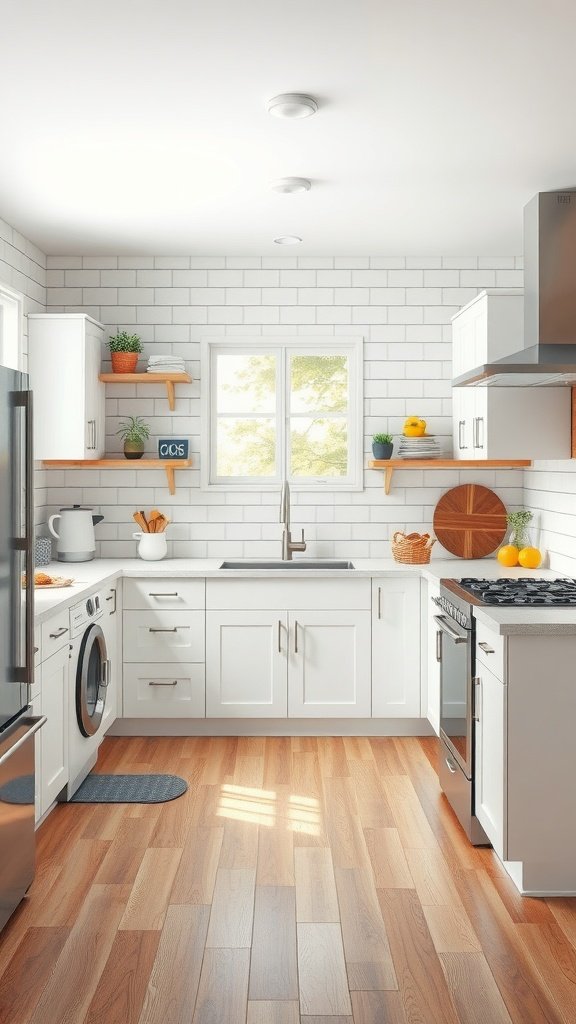 A modern open layout kitchen featuring white cabinets, wooden shelves, and ample natural light.