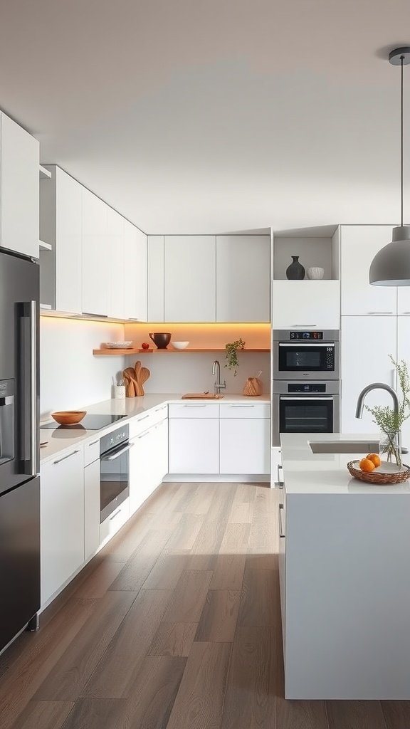 A modern open layout kitchen with minimalist design and sleek appliances.