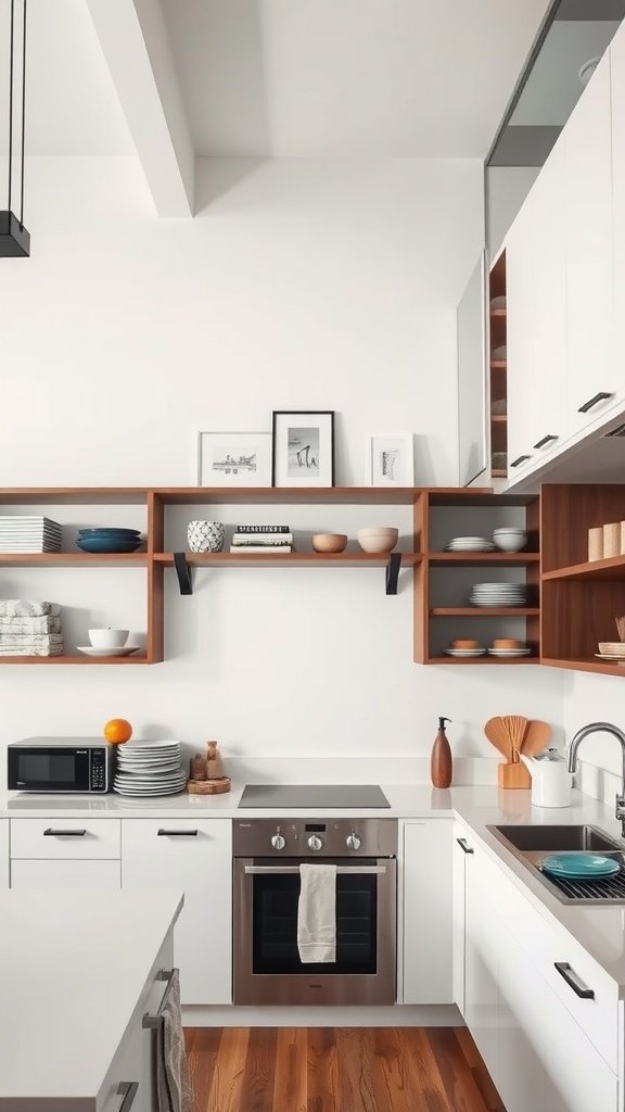 A modern kitchen design featuring open shelves for storage and a clean, organized countertop.