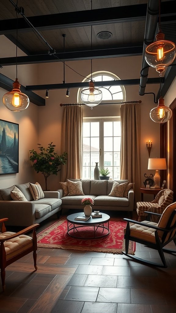 A cozy living room with vintage-inspired lighting fixtures, showcasing a warm and inviting atmosphere.