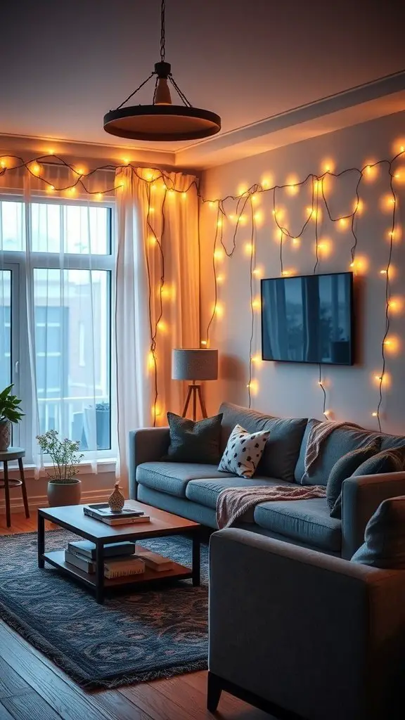 A cozy living room with warm LED string lights adorning the walls, creating a comforting ambiance.
